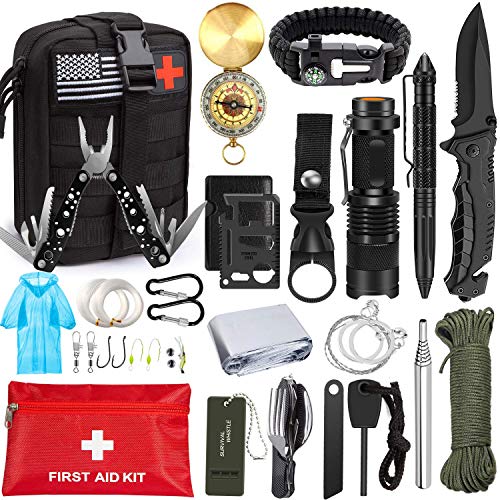 Product Cover Emergency Survival Kit 47 in 1 Professional Survival Gear Tool First Aid Kit SOS Emergency Tactical Flashlight Knife Pliers Pen Blanket Bracelets Compass with Molle Pouch for Camping Adventures