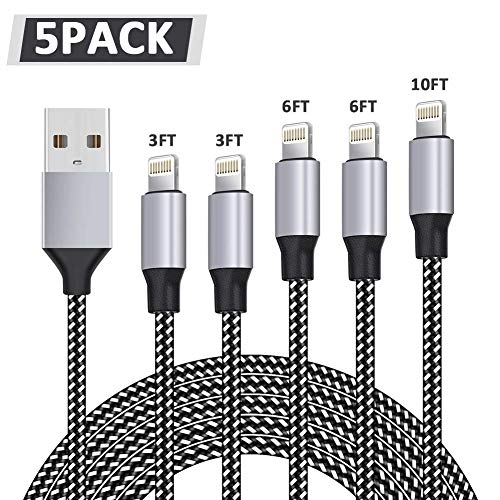 Product Cover WUYA iPhone Charger, MFi Certified Lightning Cable 5 Pack (3/3/6/6/10FT) Nylon Woven with Metal Connector Compatible iPhone Xs Max/X/8/7/Plus/6S/6/SE/5S iPad - Black and White