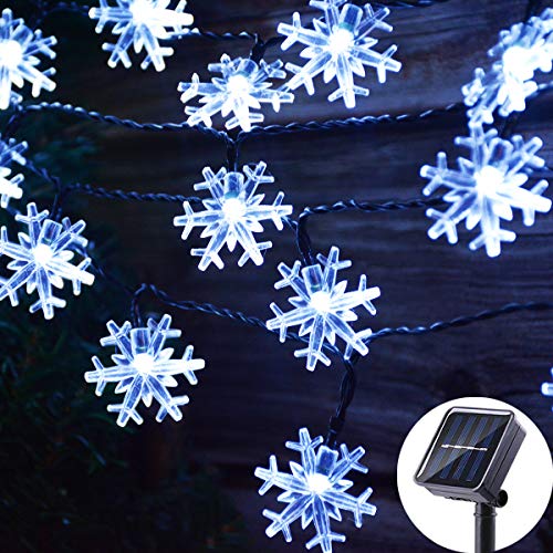 Product Cover Viewpick 50 LED Solar Christmas Lights Outdoor Cool White Christmas Snowflake String Lights, Solar Powered LED Fairy Lights Xmas Tree Snowflake Decor Light for Party Patio Garden Roof Window Decor