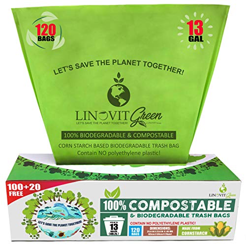 Product Cover 100% Compostable Trash Bags, 13 Gallon, 49.2 Liter, 120 Count, Extra Thick 0.87 mils Biodegradable Garbage Bags, Tall Kitchen Trash Bags, Food Yard Waste Bags, US BPI and Europe OK Compost Home