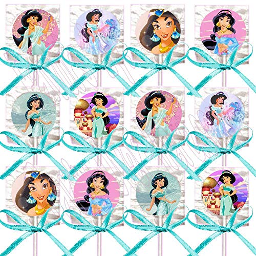Product Cover Princess Jasmine Lollipops from Aladdin Party Favors Decorations w/ Turquoise Ribbon Bows Party Favors -12 pcs, Animated Cartoon Alladin Jafar Genie Magic Lamp