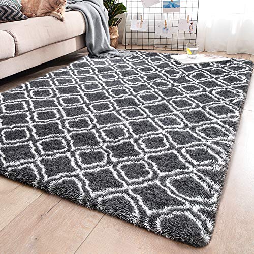 Product Cover YJ.GWL Soft Indoor Large Modern Area Rugs Shaggy Patterned Fluffy Carpets Suitable for Living Room and Bedroom Nursery Rugs Home Decor Rugs for Christmas and Thanksgiving 5'x8' Grey Trellis