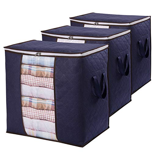 Product Cover Lifewit Clothes Storage Bag 90L Large Capacity Organizer with Reinforced Handle Thick Fabric for Comforters, Blankets, Bedding, Foldable with Sturdy Zipper, Clear Window, 3 Pack, Blue