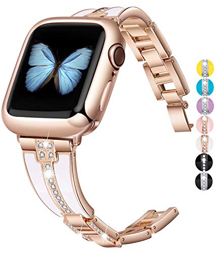 Product Cover JSGJMY Bling Bands Compatible with Apple Watch Band 38mm 40mm 42mm 44mm with Case,Women Diamond Rhinestone Metal Jewelry Wristband Strap for iwatch Series 5/4/3/2/1 (Rose Champagne+White, 38mm/40mm)
