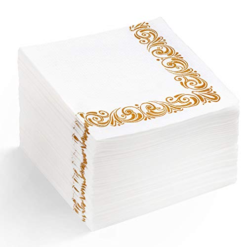 Product Cover White & Gold Floral Paper Cocktail Napkins - Reusable/Disposable Linenlike Fancy Flowered Paper Napkins For Bathroom - MOCKO | Tea Napkins Paper, Beverage & Dessert Paper Napkins For Wedding Reception