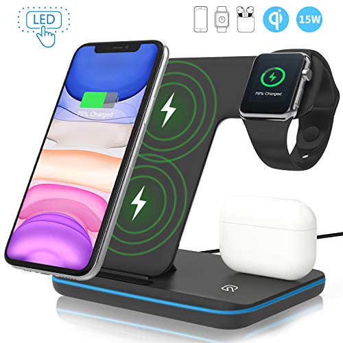 Product Cover Wireless Charger, ZHIKE 3 in 1 Qi-Certified 15W Fast Charging Station for Apple iWatch Series 5/4/3/2/1,AirPods,Wireless Charging Stand Compatible with iPhone 11 Series/XS MAX/XR/XS/X/8/8 Plus/Samsung