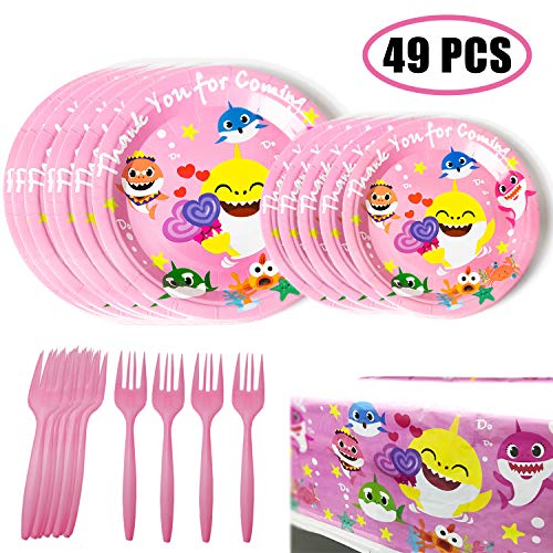 Product Cover 49 Shark Party Supplies, Birthday Party Dessert Set, 32 pcs 9 + 7 Inch Party Paper Plates, 16 pcs Shark Forks and 1 pcs Tablecover - Party Kit for Kids Birthday Shark Theme Baby Shower(16 Guests)