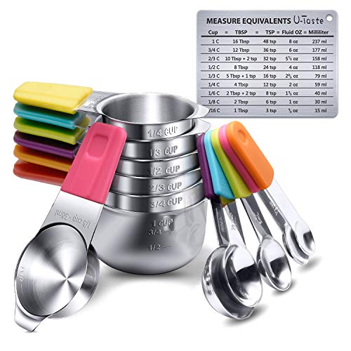 Product Cover Measuring Cups, U-Taste Magnetic Measuring Cups and Spoons Set of 13 in 18/8 Stainless Steel: 7 Measuring Cups and 5 Measuring Spoons with 1 Professional Magnetic Measurement Conversion Chart