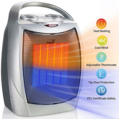 Product Cover 750W/1500W Ceramic Space Heater, Electric Portable Room Heater with Adjustable Thermostat and overheat protection for Home Bedroom or Office, ETL Listed