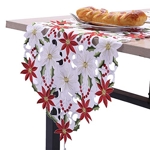 Product Cover Sattiyrch Christmas Embroidered Table Runner, Luxury Poinsettia and Holly Table Runner for Xmas Decorations,15x69 Inch (White)