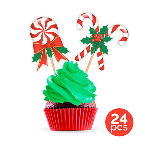 Product Cover Candy Cane Cupcake Toppers Cake Picks - Christmas Party Decorations Supplies Winter Holiday - 24 PCS