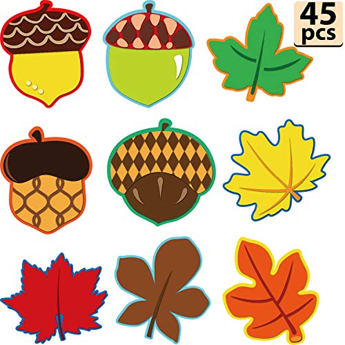 Product Cover 45 Pieces Colorful Maple Leaves and Acorns Cut-Outs Versatile Classroom Decoration with Glue Point Dots for Thanksgiving Bulletin Board Classroom School Fall Theme Party, 5.9 x 5.9 Inch