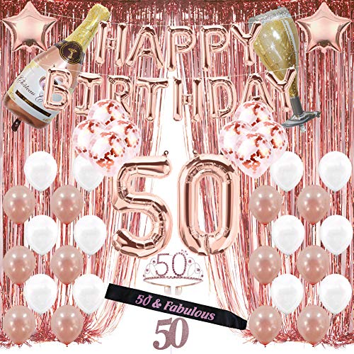Product Cover 50th Birthday Decorations, 50 Birthday Party Supplies for Women Include Happy Birthday Balloons,Birthday Tiara & sash, Cake Topper