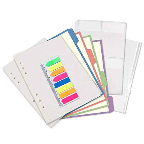 Product Cover A5 6-Ring Binder/Planner Inserts and Accessories for Filofax, 100 Sheets Dotted Refill Paper, 4 Colorful Index Dividers, 2 Plastic Pouches, 160 Stickers