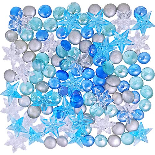 Product Cover Christmas Glass Gems and Snowflakes Mix Flat Glass Marbles Acrylic Clear Crystal Snowflakes Stars Ornaments for Holiday Winter Wedding Decorations Aquarium Vase Filler Table Scatter 120 pcs