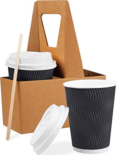 Product Cover 85 Set 12 oz Disposable Coffee Cups with Lids Wooden Stirrers Cup Carriers (Triple Layer) Paper Coffee Cups with Lids - Insulated Togo Coffee Cups with Lids - Recyclable Paper Cups Easy to Grasp
