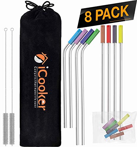 Product Cover 8 Pack Reusable Metal Straws [Extra Silicone Tips] Eco Friendly Stainless Steel For Drinking [Free Travel Bag & Cleaning Brush]