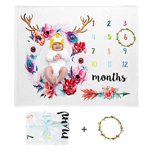 Product Cover Docamor Baby Monthly Milestone Blanket,Large 50'' x 40'' Soft Floral Baby Blanket Includes Floral Wreath 1 to 12 Months Best Photography Backdrop Photo Prop for Newborn Baby Boy & Girl