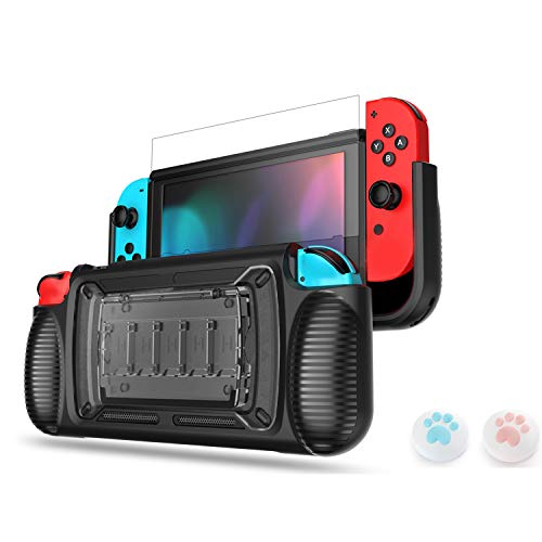 Product Cover LeyuSmart Upgrade Grip Case for Nintendo Switch, Protective Cover & Tempered Glass Screen Protector & Thumb Caps, Ergonomic Design Comfortable Handheld Protector (Gray)
