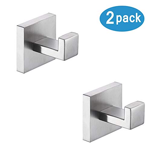 Product Cover TASTOS Bath Towel Hooks Brushed Nickel, 2 Pack Stainless Steel Robe Coat and Clothes Hook, Heavy Duty Wall Hook for Bathroom & Kitchen, Modern Square Style Wall Mounted (Silver)