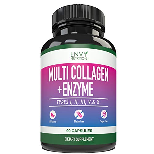Product Cover Envy Nutrition Multi-Collagen + Enzyme Capsules (Types I, II, III, V and X) - Collagen peptides Supplement for Skin, Joints, Heart, Muscle, Bone and Healthy Digestion - 90 Collagen Capsules.