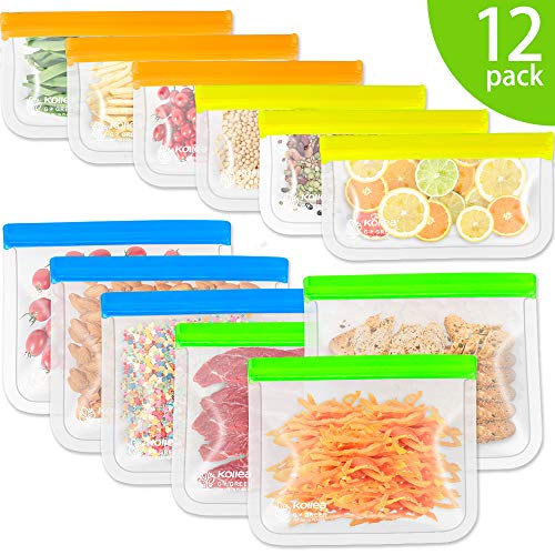 Product Cover Reusable Snack Bags, Kollea 12 Pack Ziplock Storage Bags (6 Reusable Sandwich Bags & 6 Reusable Snack Bags), Extra Thick FDA Grade Freezer Bags Leakproof Food Storage Bags
