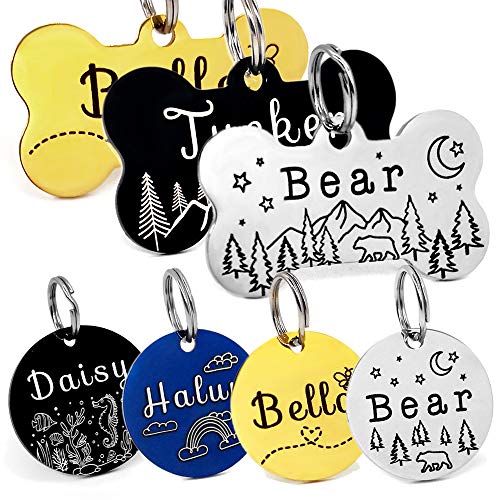 Product Cover YiXiEr Personalized Cat Tags, Dog Tags Front and Back Engraved, Stainless Steel Pet ID Tags Various Designs and Colors - Bone, Round