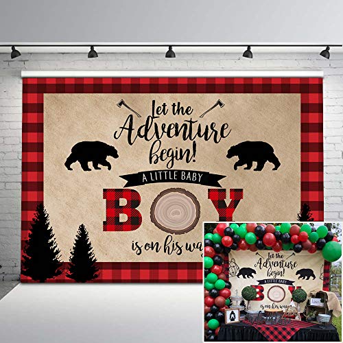 Product Cover Mocsicka Lumberjack Baby Shower Backdrop Boy Baby Shower Shower Photo Background 7x5ft Red Plaid Bear Adventure Begins Backkdrops for Baby Shower Decorations
