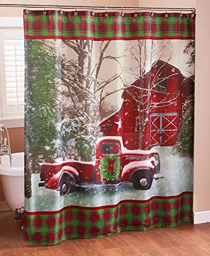 Product Cover The Lakeside Collection Christmas Shower Curtain with Vintage Red Truck, Barn and Holiday Trees