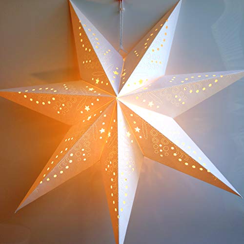 Product Cover Paper Star Lantern Decoration (Frosted White 7-Point Glitter Star) - Perfect for Winter Weddings, Christmas Holiday Birthday Party Celebration & Home Decor