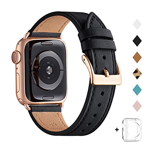 Product Cover Bestig Band Compatible for Apple Watch 38mm 40mm 42mm 44mm, Genuine Leather Replacement Strap for iWatch Series 5/4/3/2/1, Sports & Edition (Black Band+Rose Gold Adapter, 38mm 40mm)