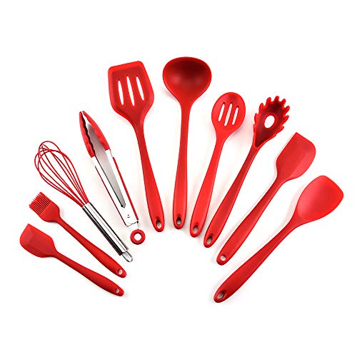 Product Cover esonmus Kitchen Utensil Set - 10 Natural Silicone Cooking Utensils - Spoon brush whisk ladle spatular tongs - Kitchen Gadgets Utensil Set- for Nonstick Cookware