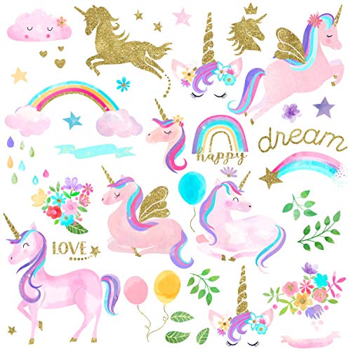 Product Cover Watercolor Magical Unicorn Peel and Stick Wall Art Sticker Decals for Girls Room Nursery Parties