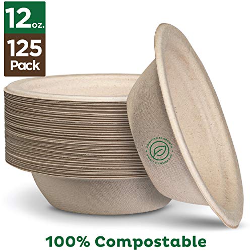 Product Cover 100% Compostable 12 oz. Paper Bowls [125-Pack] Heavy-Duty Quality Natural Disposable Bagasse, Eco-Friendly Biodegradable Made of Sugar Cane Fibers