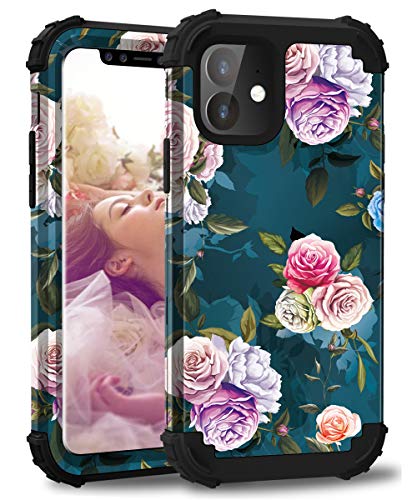 Product Cover PIXIU iPhone 11 case 6.1 inch Floral,Three Layer Heavy Duty Shockproof Protective Soft Silicone Hard Plastic Bumper Sturdy Case Cover for iPhone iPhone 11 2019 Rose Flower