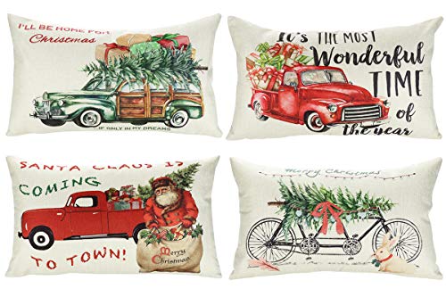 Product Cover Lanpn Christmas 12x20 Throw Pillow Covers, Decorative Outdoor Farmhouse Merry Christmas Xmas Lumbar Red Truck Pillow Shams Cases Slipcovers Cover Set of 4 Couch Sofa
