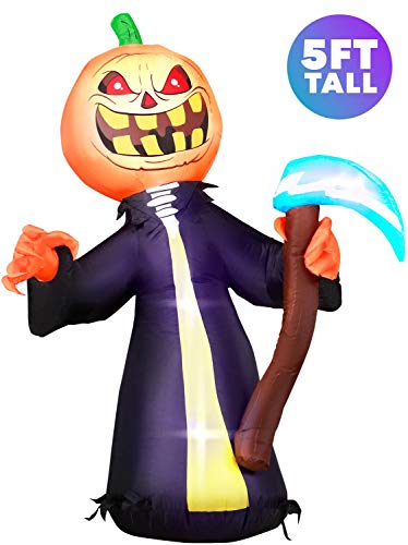 Product Cover Holidayana 5 ft Pumpkin Head Grim Reaper with Scythe Halloween Inflatable, Spooky Weather Resistant Inflatable Decorations with LED Lights, Built-in Fan, and Tie-Downs