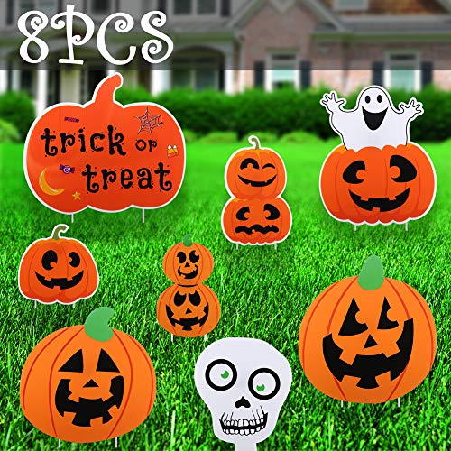 Product Cover Lakuku Halloween Decorations Outdoor, Extra Large Pumpkins Skeleton and Ghost Corrugate Halloween Party Yard Signs with Stake, Trick or Treat Plastic Halloween Decor Yard Props,Pack of 8