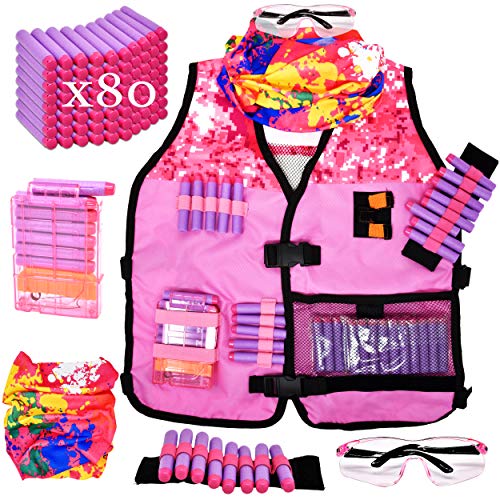 Product Cover Gift Boutique Girls Tactical Kids Vest Kit for Nerf Guns N-Strike Elite Gear Rebelle Set with Tie-dye Tactical Mask, Reload Clips, Protective Glasses, Wrist Band & 80 Refill Blaster Darts for Girls