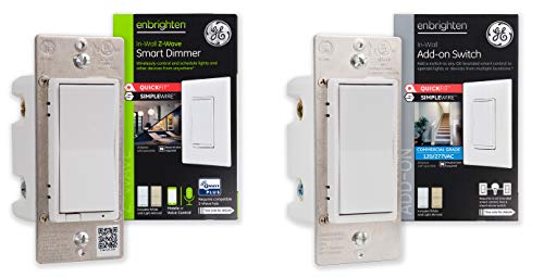 Product Cover GE Enbrighten Smart in-Wall Paddle Dimmer and Add-On Switch with QuickFit and SimpleWire 3-Way Kit, Z-Wave Hub Required, Works with Ring Alarm, Alexa and More, 47865, White & Light Almond