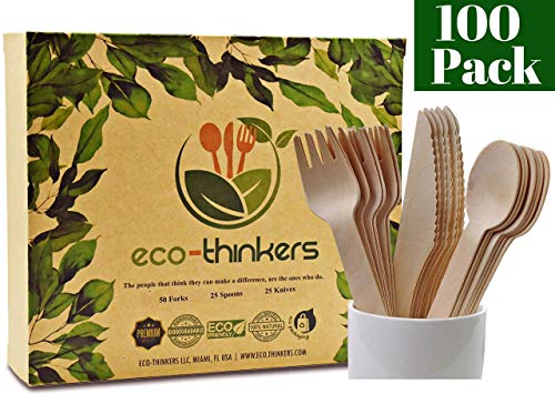 Product Cover ECO-THINKERS Premium Disposable Wooden Cutlery Set. Our Wooden Utensils are Eco friendly Biodegradable Compostable & The Best Alternative to Plastic Silverware 100 Pcs of Wooden Spoons Knives & Forks