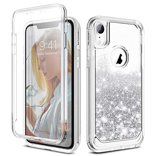 Product Cover SURITCH Case for iPhone XR, [Built-in Screen Protector] Quicksand Bling Liquid Glitter Case Full-Body Protection Rugged Bumper Shockproof Cover for Apple iPhone XR 6.1 Inch(Silver)