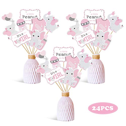 Product Cover Faisichocalato Pink Elephant Centerpiece Sticks DIY Baby Girl It's A Girl Table Decorations Pink Little Peanut Cutouts for Pink Elephant Theme Baby Shower Birthday Party Supplies Set of 24