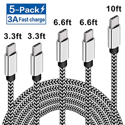 Product Cover USB C Cable Fast Charging 3A 5-Pack (3.3/3.3/6.6/6.6/10FT) Nylon Braided USB Type C Cable Fast Charging Cord for Samsung Galaxy S10 S9 S8 Plus Note 10 9 8,Moto Z Z3,LG V50 G8,Other USB C Devices