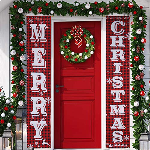 Product Cover KERIQI Christmas Decorations Outdoor Merry Christmas Porch Sign, Buffalo Plaid Christmas Banner for Front Door Indoor Porch Home Wall Hanging Decor