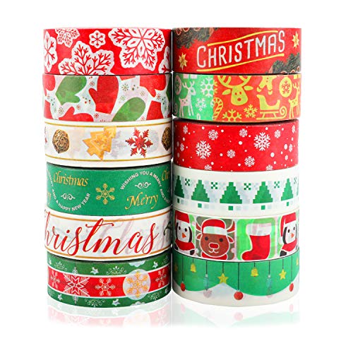 Product Cover Konsait 12 Roles Christmas Washi Tape Set 0.59Inch x 393.7FT, Merry Christmas Masking Tape Decorative Tape Collections Art Craft Gift Present Wrap Craft for Xmas Decorations Christmas Party Favors Supplies