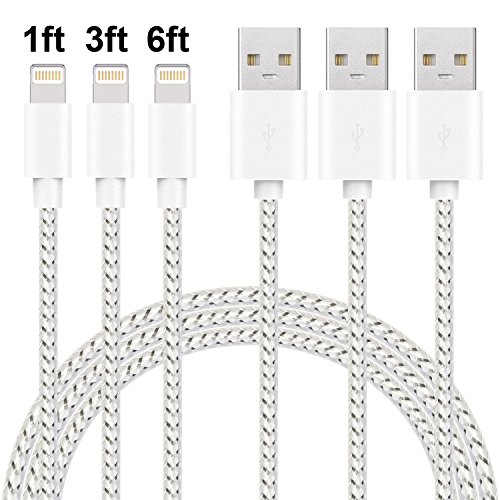 Product Cover KERWU Cable 3 Pack 1FT 3FT 6FT Nylon Braided USB Charger Cable Cord Compatible with iPhone Xs X 8 7 6S 6 Plus iPad 2 4 Mini iPad Pro Air and More Silver White