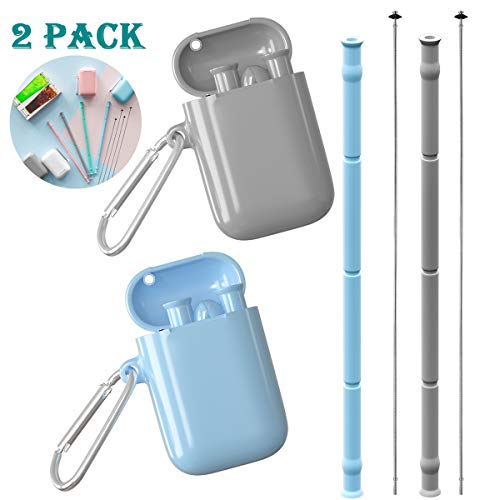 Product Cover Collapsible Reusable Straws with Case Food-Grade Silicone Portable Drinking Straw Foldable Straws with Cleaning Brush for Travel Home Office 2 Pack (Blue&Grey)