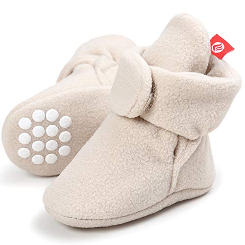 Product Cover Newborn Baby Soft Fleece Booties Infant Boy Girl Cozy Socks with Non Skid Gripper Stay On Slippers Toddler First Walkers Winter Ankle Crib Shoes First Birthday Shower Gift