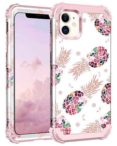 Product Cover Lontect Compatible iPhone 11 Case Floral 3 in 1 Heavy Duty Hybrid Sturdy Armor High Impact Shockproof Protective Cover Case for Apple iPhone 11 6.1 2019, Pineapple/Rose Gold